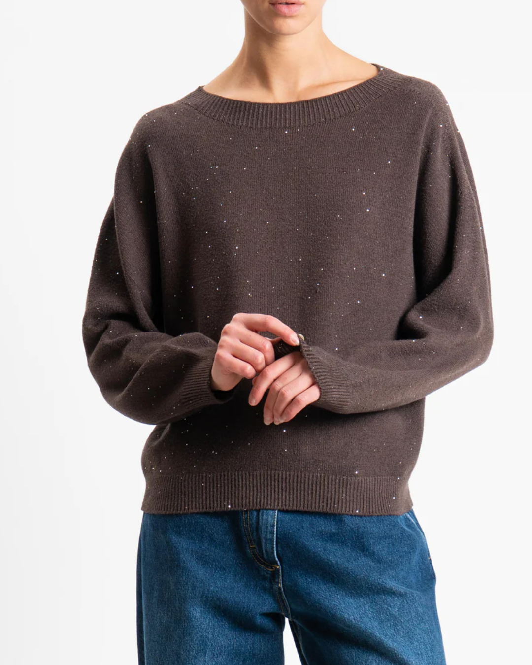 Maglia girocollo con micro paillettes|Colore:Tortora