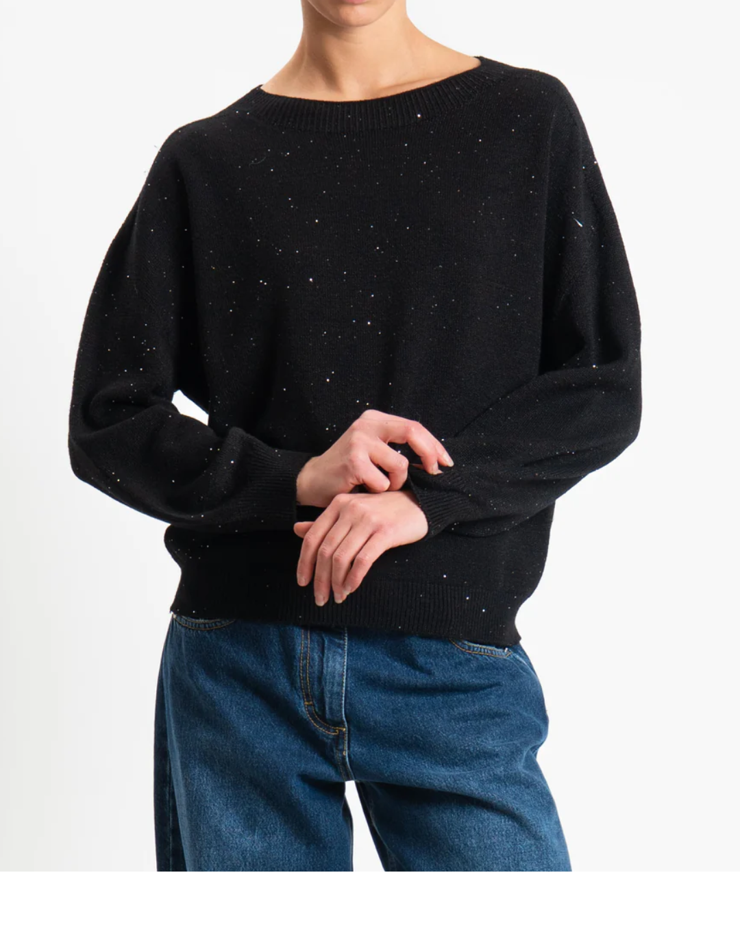 Maglia girocollo con micro paillettes|Colore:Nero